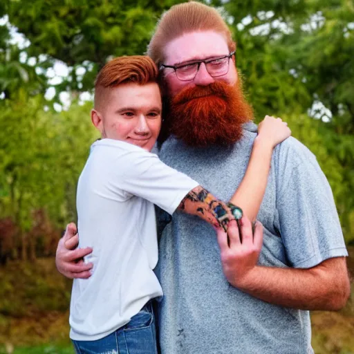 Image similar to a very tall ginger bearded father hugging his young latino son