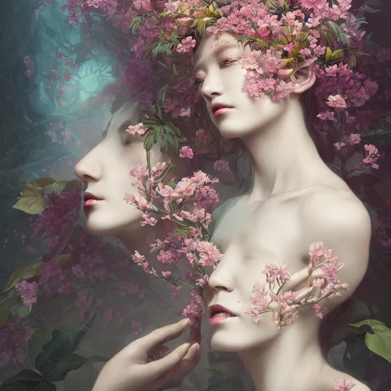 Image similar to breathtaking detailed concept art painting art deco portrait of gaea the goddess amalgamation flowers, by hsiao - ron cheng, bizarre compositions, exquisite detail, extremely moody lighting, 8 k