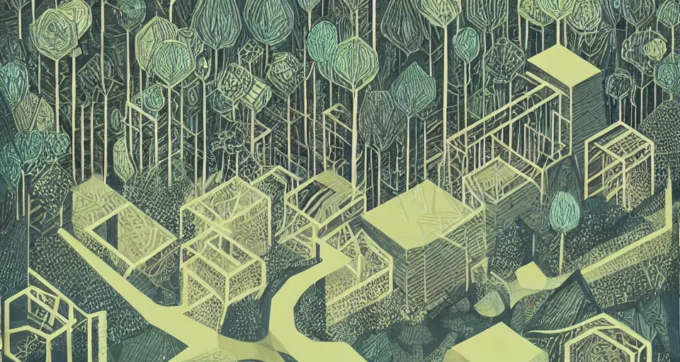 Prompt: geometric art, detailed matte illustration, geometric art by robert h hudson, detailed illustration of large factory in a beautiful forest and undergrowth