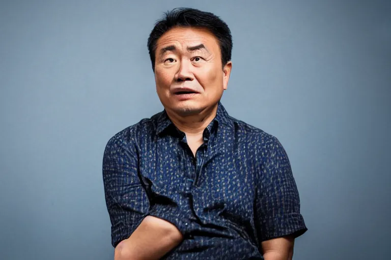 Image similar to a cinematic studio headshot portrait of a middle aged asian man, movie still, blue color theme, dramatic lighting, back light, hair light, rim light, 4 k, ultra realistic, by annie leibovitz