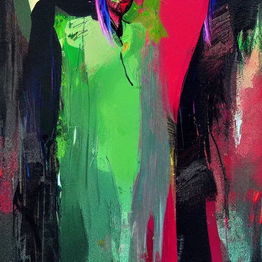 Image similar to closeup, very few thick long paint brush strokes, abstract depiction of the physique of one!!! very thin black suit man with green long straight hair posing dramatically, closeup, matte colors, conrad roset, dark abstract background, abstract painting trending on artstation