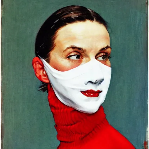 Image similar to Frontal portrait of a woman wearing a white mask and a red turtleneck. Painting by Norman Rockwell.