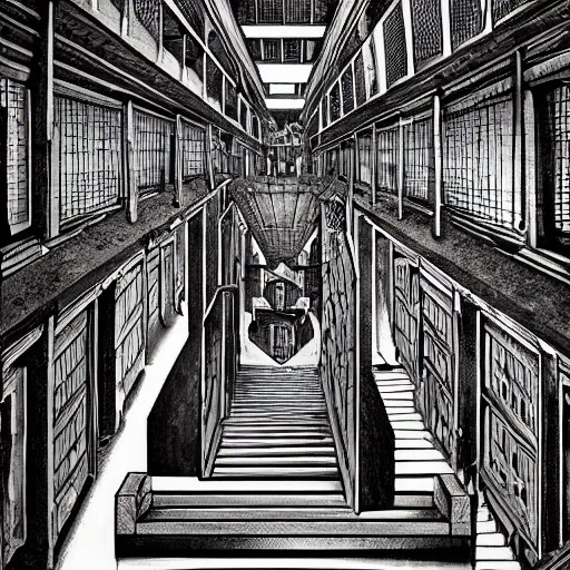 Image similar to a terrifying dark hallway with many doors and many stairs, impending doom, horror, Mc Escher architecture, epic composition, anime key visual