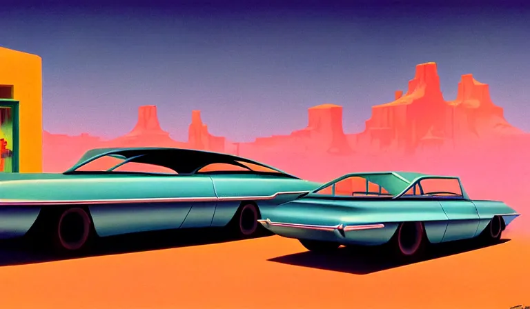 Image similar to a cinematic matte painting of a sleek 1 9 6 0 s vaporwave retro - futurism sci - fi car in a cluttered garage in the american southwest. cactus. by eric lafforgue, glennray tutor and edward hopper, greg rutkowski. trending on artstation.