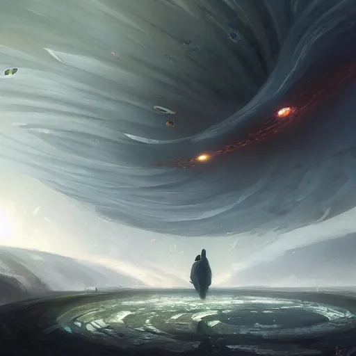 Image similar to swarm of wormholes hovering around a man by greg rutkowski