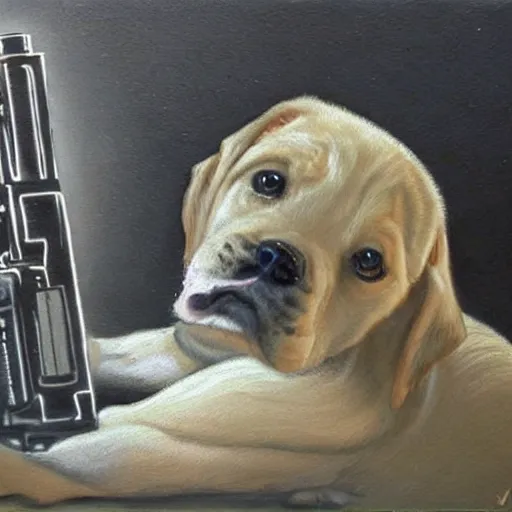 Image similar to a puppy with UV neon fur holding a gun.Painting by James Gurney