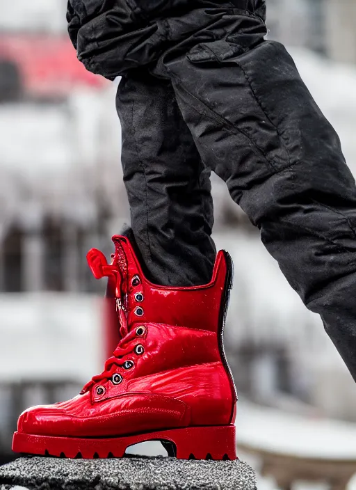 Image similar to hyperrealistic and heavy detailed moncler boots of whole lotta red by playboi carti, leica sl 2 5 0 mm, vivid color, high quality, high textured, real life