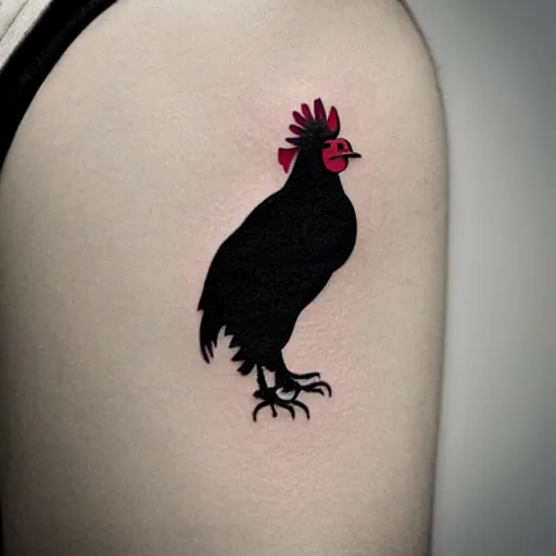 Image similar to A small tattoo of a black rooster. The black chicken is holding smoking a large cannabis blunt in its mouth