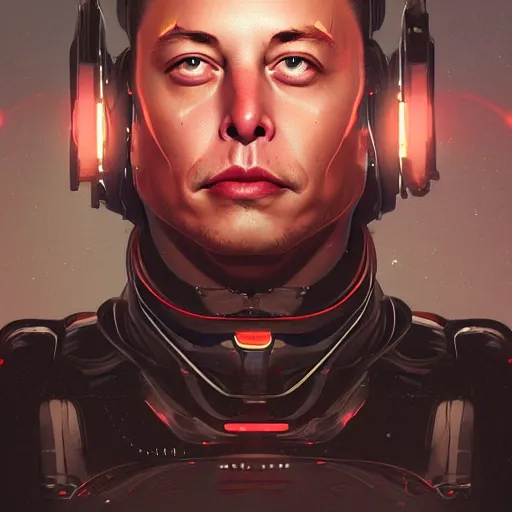 Prompt: Portrait of a cyborg Elon Musk, cyberpunk, elegant, digital painting, highly detailed, artstation, concept art, smooth, sharp focus, illustration, art by artgerm and greg rutkowski and alphonse mucha