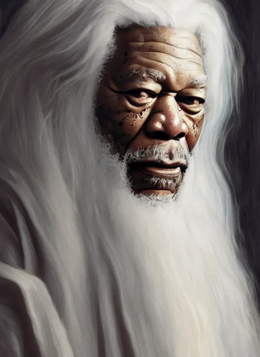 Image similar to medium camera shot of evil morgan freeman as evil wizard saurman the white, long white hair and white beard, beautiful pure white warlock flowing robes, by alan lee, lord of the rings, smooth, oil painting, matte painting, concept art, trending on artstation, promotional artwork, film still, elegant, photorealistic facial features, intricate, detailed face, dramatic lighting