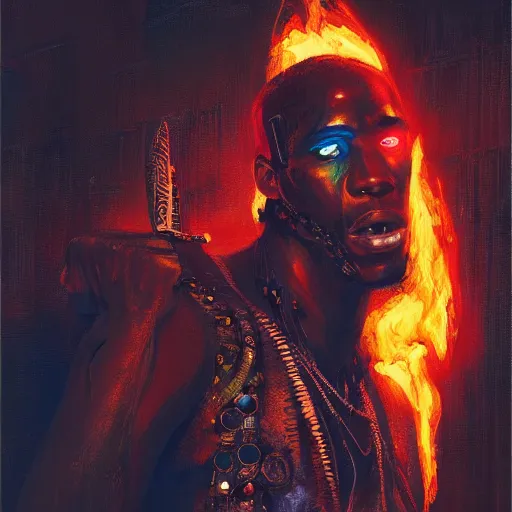 Image similar to shaka zulu as a cybperpunk gangster, eating fire in the neon ghetto, by greg rutkowski and android jones in a surreal portrait style, cyberpunk, oil on canvas, 8k