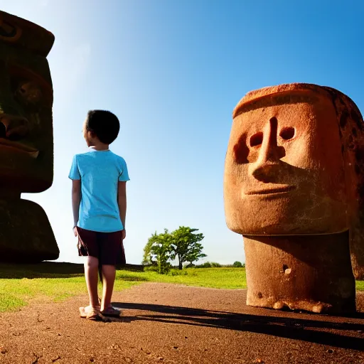 Image similar to a very upset and crying kid holding an ice cream cone with a small moai statue in the ice cream cone, 4 k photograph