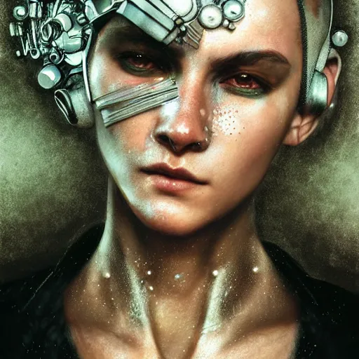 Image similar to portrait of punk cyborg woman, water particles floating in the air, finely detailed facial features, weathered drawing, film grain, painted art by tsuyoshi nagano, greg rutkowski, artgerm, alphonse mucha, spike painting