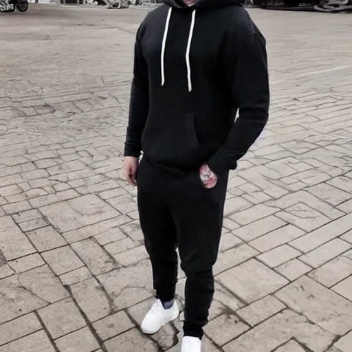 Image similar to a full body shot of an attractive man in a hoodie