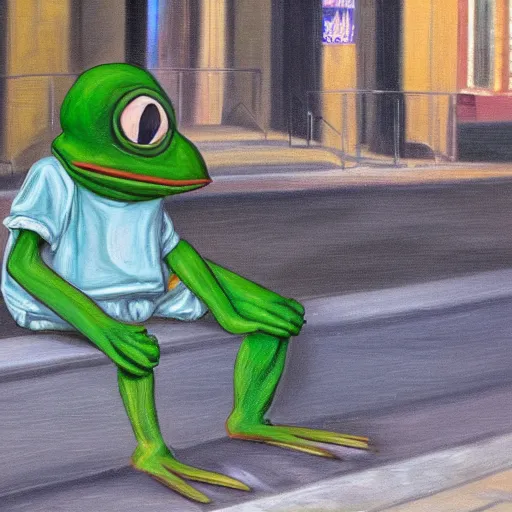 Image similar to pepe the frog is depressed on the streets of new york city, oil painting, realism, high quality, detailed, 4 k