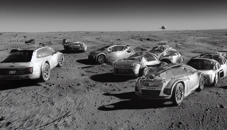 Prompt: a group of audi cars on the moon, wide angle shot