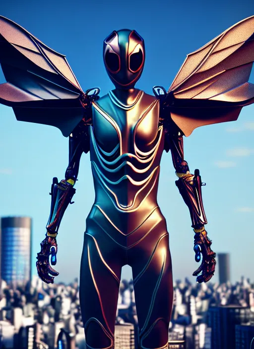 Image similar to kamen rider, human structure bee concept art, human anatomy, wings, intricate detail, hyperrealistic art and illustration by irakli nadar and alexandre ferra, unreal 5 engine highlly render, global illumination, in tokyo cyber night rooftop