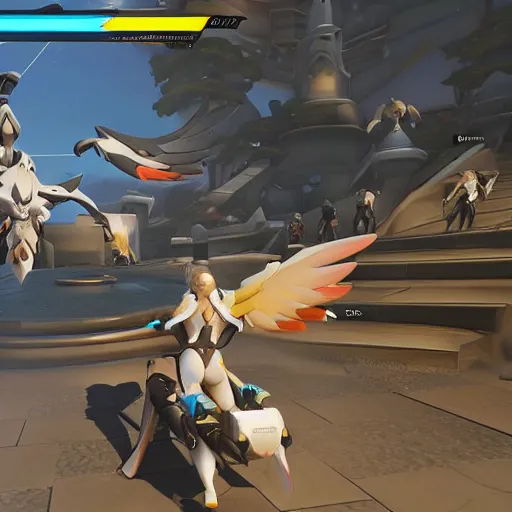 Image similar to mercy from overwatch flying above her team healing them as they push the payload across the map, unreal engine 5 4 k