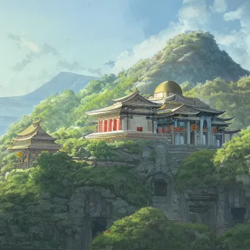 Image similar to concept art painting of a marble temple on top of a mountain, with greek and japanese architecture, overlooking a village in a valley, realistic, detailed, cel shaded, in the style of makoto shinkai and greg rutkowski and albert bierstadt and james gurney