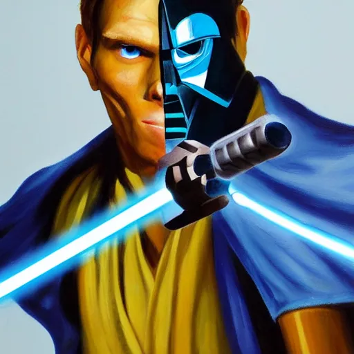 Image similar to jerma 9 8 5 wielding a blue lightsaber, jedi, detailed painting, trending on artstation