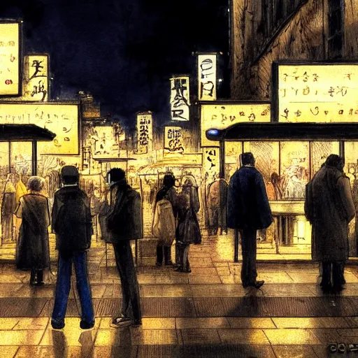 Image similar to a some people waiting in a lone bus stop in quiet dark city night, Yoshitaka Amano, high quality, high resolution,detailed