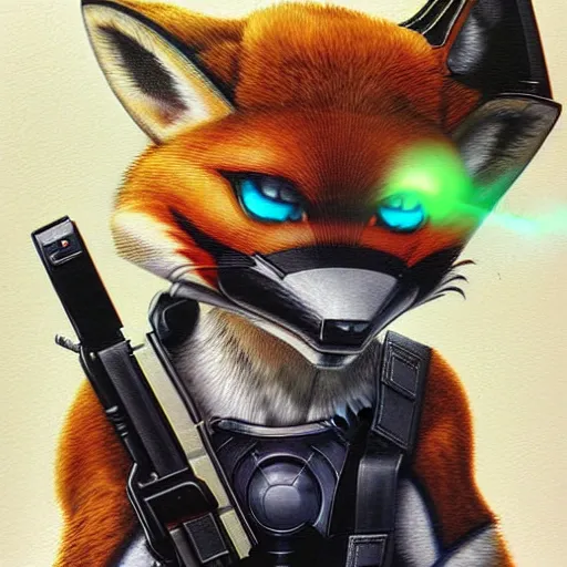 Image similar to an action portrait of fox mccloud holding a blaster, suspenseful, heroic, anthropomorphic furaffinity furry fursona art, star fox, by peter elson