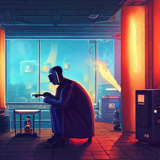 Prompt: An android smoking a cigar in a cyberpunk setting by Evgeny Lushpin, Trending on Artstation, 1980s Computer Graphics