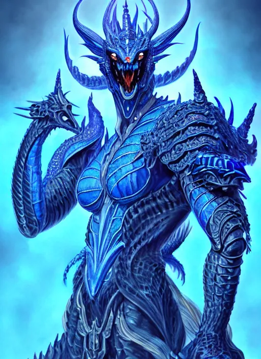 Image similar to muscular and tall blue ghostly fire humanoid dragon!!!! draconian!! intricate ornate iridescent heavy armor!! character concept art, sharp focus, octane render! unreal engine 5! highly rendered!! trending on artstation!! detailed linework!! illustration by artgerm, wlop, and chie yoshii