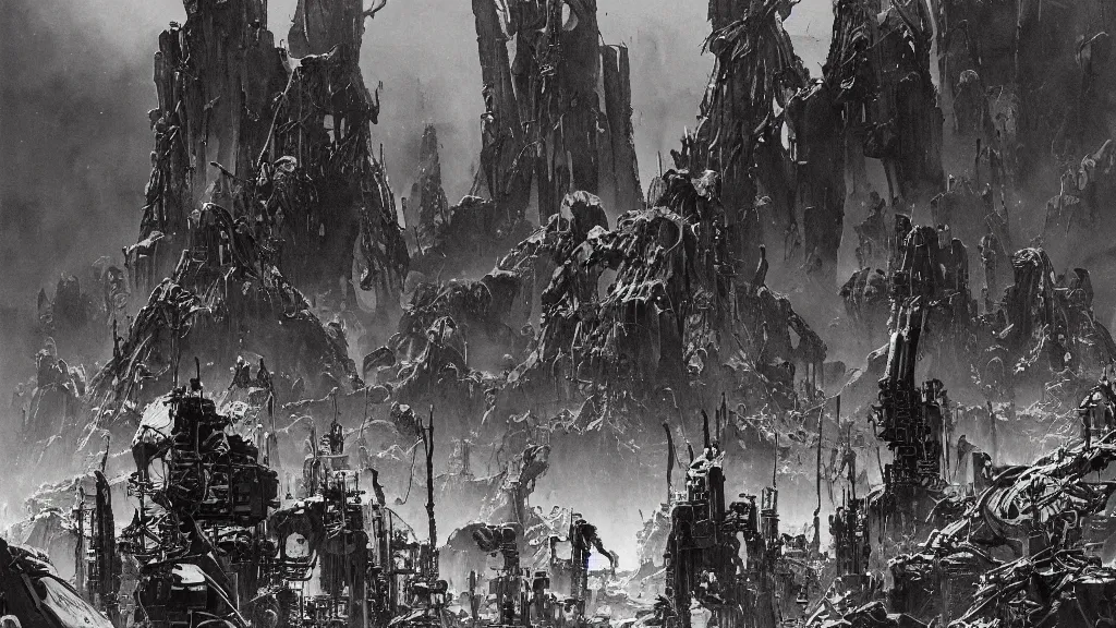 Prompt: group of survivors, no man's land, remnants of the human civilization, post - apocalyspe, machines, bleak, eerie atmospheric, a color illustration by tsutomu nihei, gerald brom and vincent di fate, epic cinematic matte painting