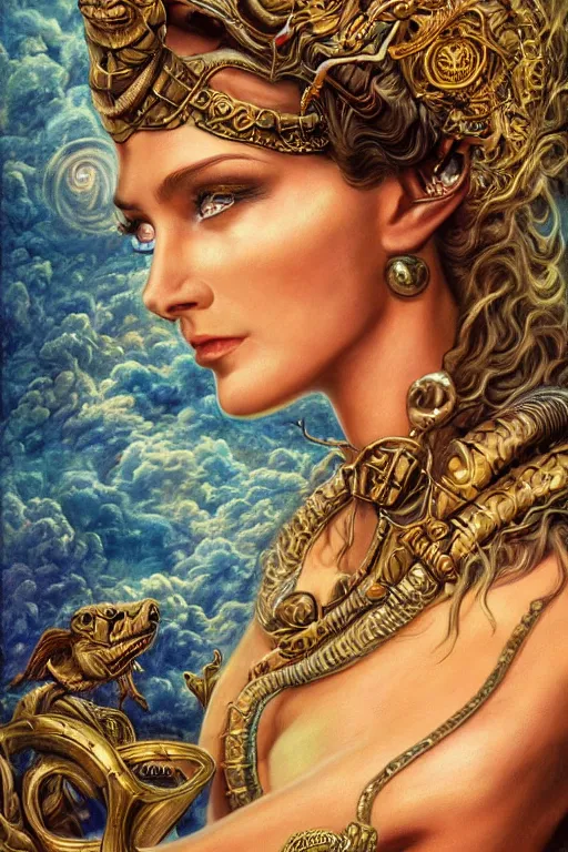 Image similar to Mystical Valkyrie, Portrait of a beautiful female Atlantean Reptilian Warrior, Realistic, Regal, Refined, Detailed Digital Art, Michael Cheval, Walt Disney (1937), François Boucher, Oil Painting, Steampunk, Josephine wall, Highly Detailed, Cinematic Lighting, Unreal Engine, 8k, HD