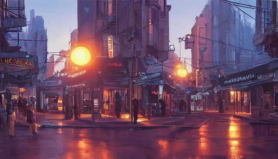 Image similar to a beautiful painting of a retro future city street, ray traced lighting by jean claude mezieres