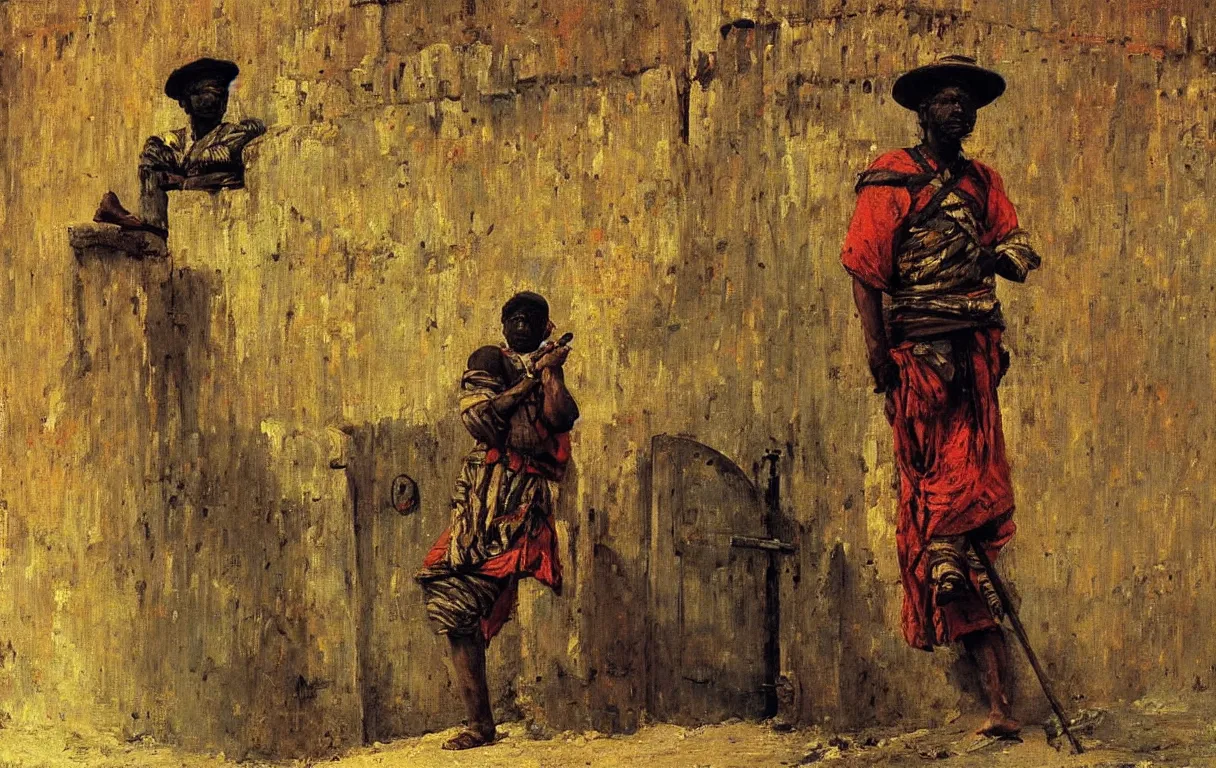 Image similar to nigerian soldier guarding gate at abeokuta, from above, 1885, bright colors oil on canvas, by Ilya Repin