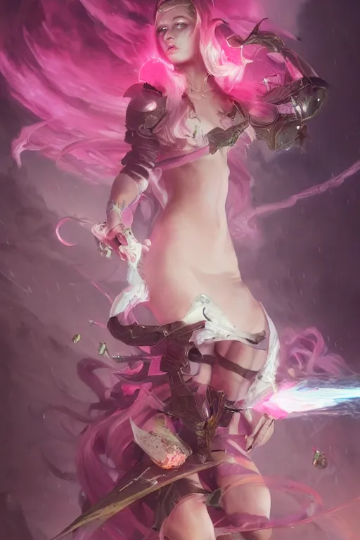 Prompt: beautiful girl necromancer covered with pink thunderstorm, 3 d render, hyper realistic detailed portrait, holding magic crystals, ruan jia, wlop. scifi, fantasy, hyper detailed, octane render, concept art, peter mohrbacher