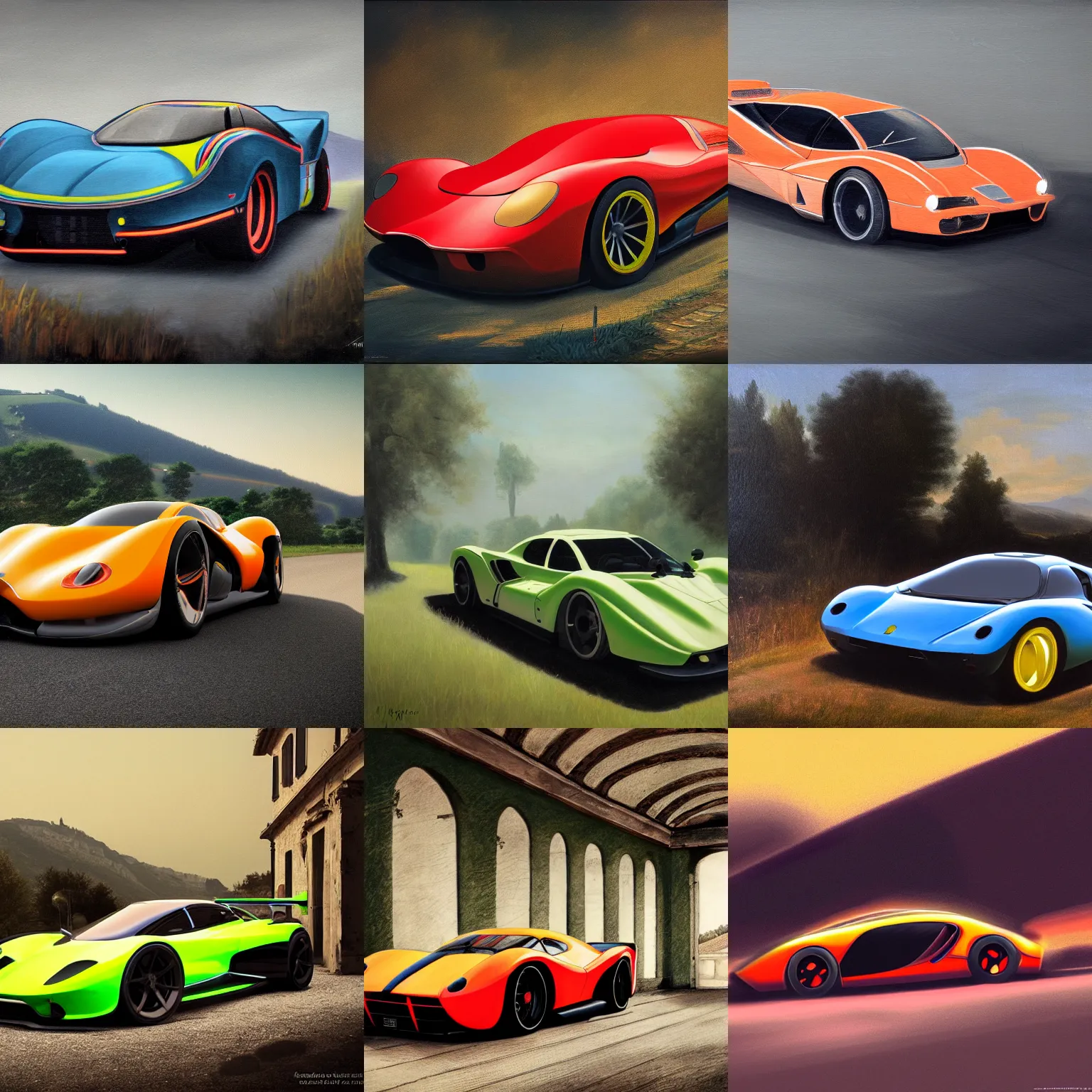 Prompt: Classicism painting of a neon hypercar in the italian countryside with whitewall tyres, 8k resolution, trending on artstation