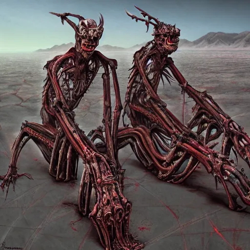 Image similar to conjoined demon twins sitting legs crossed in a desert hellscape covered in gore by Yoshitaka Amano, by HR Giger, biomechanical, 4k, hyper detailed, hyperrealism, anime, a Broken World demons flying overhead, red sky, blood and body parts, deviantart, artstation