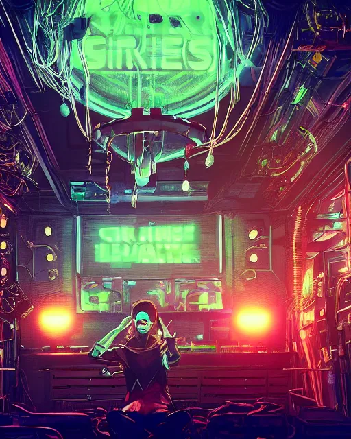 Prompt: grimes [ 3 d render, made of wires and metallic material ]!! sitting in a [ cyberpunk club ]!!, [ 4 k digital art ]!!, neon atmosphere, volumetric lighting, bioluminescent coloring, afrofuturism, illustrated by greg rutkowski and rajmund kanelba, cgsociety contest winner