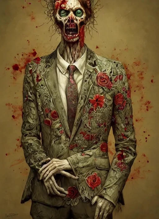 Image similar to a beautifully rendered portrait of an upright and fed up intricately hand - carved zombie wearing a floral embroidered blazer, by gerald brim and tom bagshaw and beksinski, trending on artstation, 8 k, full subject in frame, upright