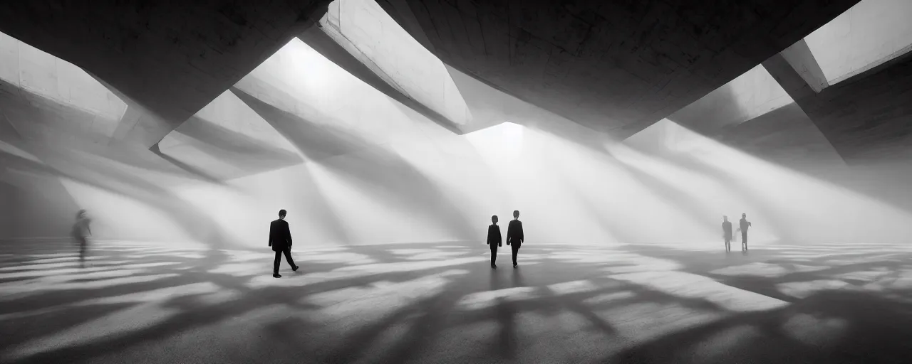 Prompt: Hyper realistic photo of a interior brutalist style museum, parametric architecture, a man with suit and hat in the distance walking, sun rays at sunset, hard shadows, fog, Hyper realistic film photography by Yohji Yamamoto, Zeiss 18mm f2.8, Hasselblad, insanely detailed, sharp focus