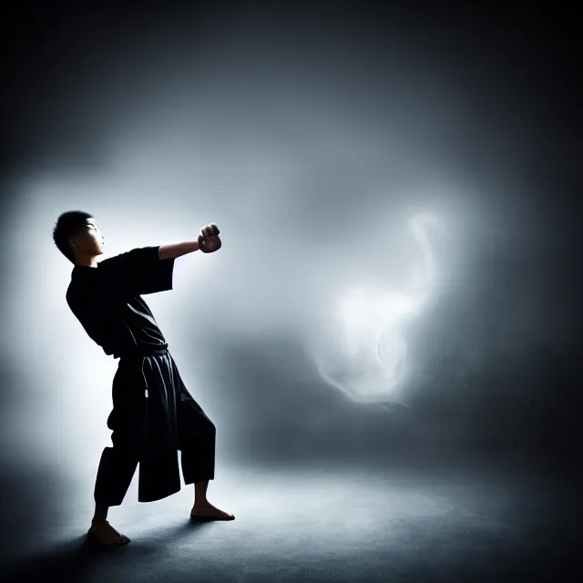 Image similar to wing chun practice supreme fist, detailed wing chun form, mother stance, shanghai, cinematic neon uplighting, fog mist smoke, photorealistic, night photography by tomino - sama