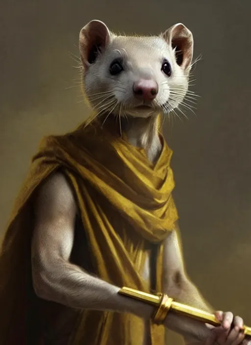 Prompt: a beautiful closeup shot from a fantasy film of a humanoid grey ferret with golden eyes wearing a loose tunic. an anthropomorphic ferret with gold eyes. joseph ducreux, greg rutkowski.