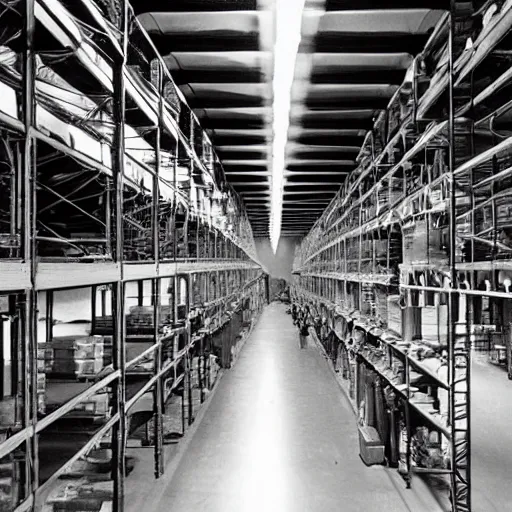 Image similar to scientists inventing future technology in a warehouse in 1 9 7 0, black and white, hyper realistic, 4 k, highly ornate intricate details, sharp image, incredible detail,