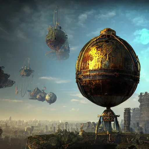 Image similar to enormous flying city in a rusted faberge egg, sky, steampunk, fantasy art, unreal engine,