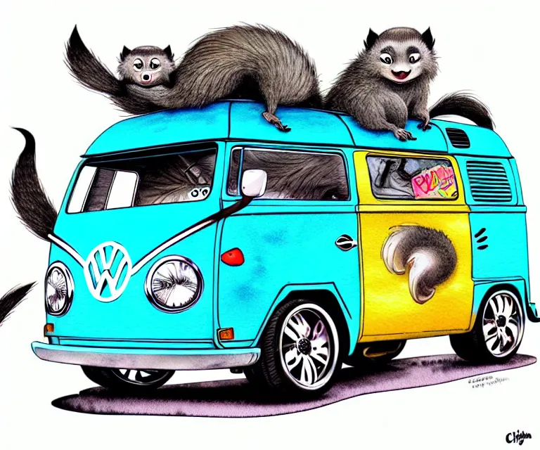 Image similar to cute and funny, binturong driving a tiny hot rod vw camper van with an oversized engine, ratfink style by ed roth, centered award winning watercolor pen illustration, isometric illustration by chihiro iwasaki, edited by craola, tiny details by artgerm and watercolor girl, symmetrically isometrically centered