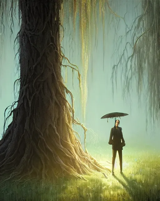 Image similar to highly detailed surreal vfx portrait of a cursed dagger in a shadowy swamp by a willow tree, stephen bliss, unreal engine, greg rutkowski, loish, rhads, beeple, makoto shinkai and lois van baarle, ilya kuvshinov, rossdraws, tom bagshaw, alphonse mucha, global illumination, detailed and intricate environment