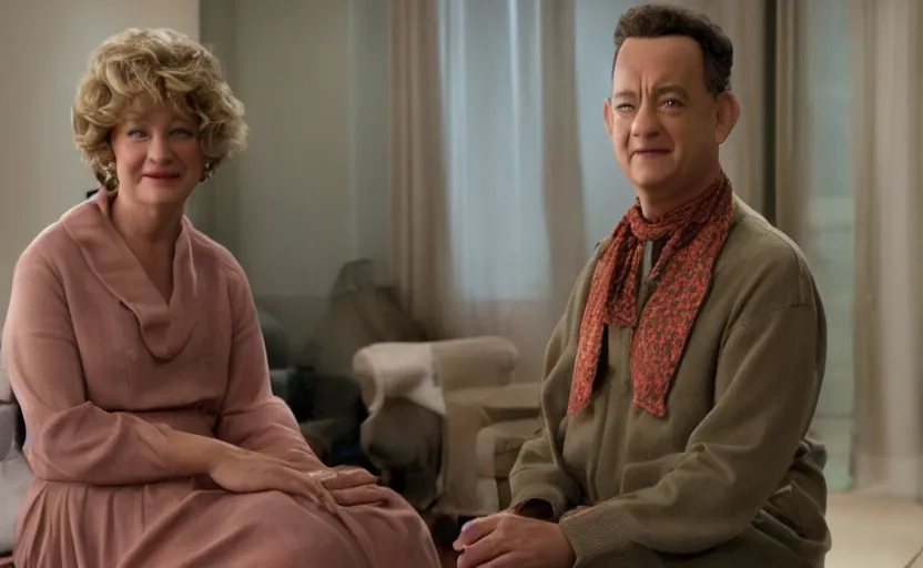 Prompt: Tom Hanks dressed as a woman as my mom, movie still frame, oscar nominated cinematography, volumetric lighting, 8k resolution, beautiful composition