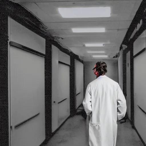 Image similar to a male scientist wearing a lab coat lost suit inside the very dark empty unsettling creepy backrooms, liminal space, flickering fluorescent lights, eerie mood