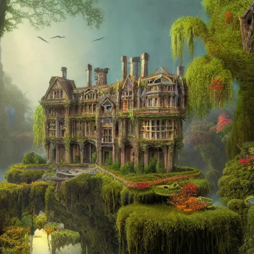 Prompt: A beautiful 3d render of a sprawling manor in an aquatic dreamscape by hubert robert and Lee Madgwick and roger dean and jacek yerka, dan mumford and alex grey style, soft lighting, 4k hd wallpaper