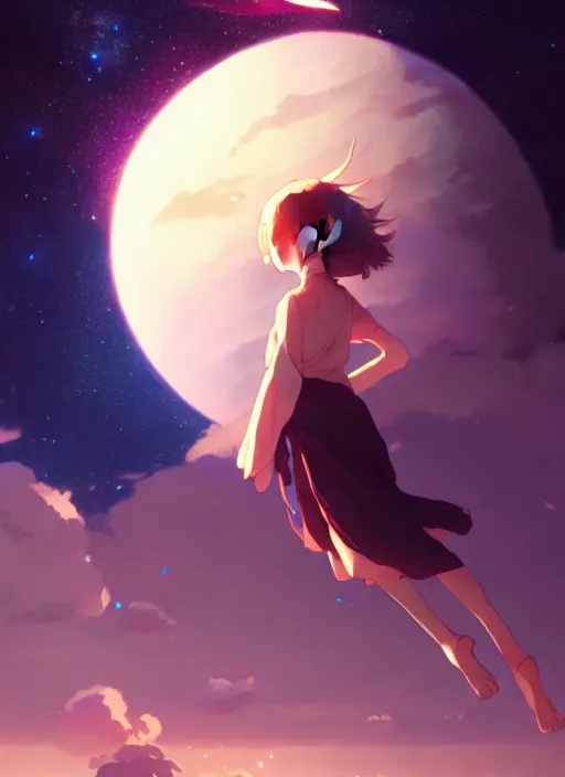 Prompt: girl floating on the night sky, gaint planet in the background, illustration concept art anime key visual trending pixiv fanbox by wlop and greg rutkowski and makoto shinkai and studio ghibli