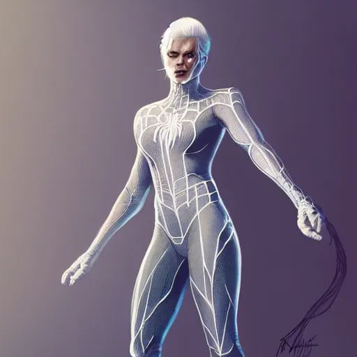 Prompt: full body portrait of white haired woman in spider man suit, super hero, webs, highly detailed!! digital painting, artstation, concept art smooth, sharp focus, greg rutkowski, artey freytag