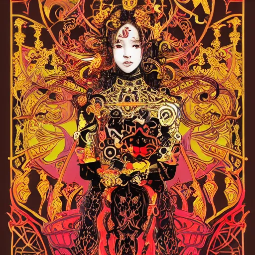 Image similar to jisoo + blackpink + elements + red + gold + neon + baroque + rococo + white + orange + ink + tarot card, ornate + by marc simonetti, paul pope, peter mohrbacher, detailed, intricate ink illustration + damask + award winning + 8 k